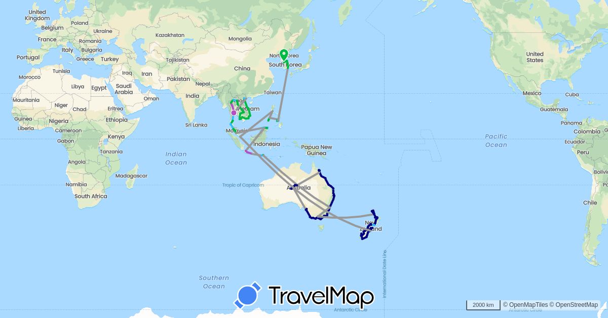 TravelMap itinerary: driving, bus, plane, train, boat in Australia, Indonesia, Cambodia, South Korea, Laos, Malaysia, New Zealand, Philippines, Singapore, Thailand, Vietnam (Asia, Oceania)
